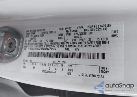 2022 Ford Escape Sel Hybrid z USA, uszkodzony, nr VIN 1FMCU0CZ1NUB47225